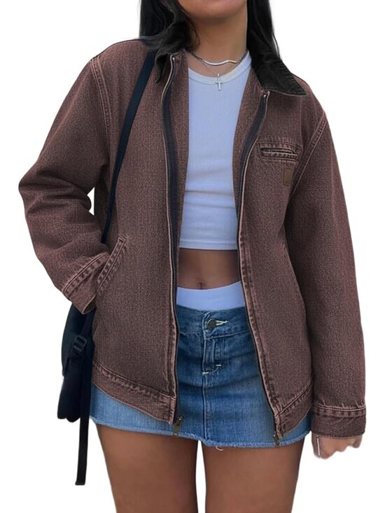 Jackets & Blazers - Women's Brown Black Jean Cropped Zip Up Denim Jackets Contrast Collar and Pocket